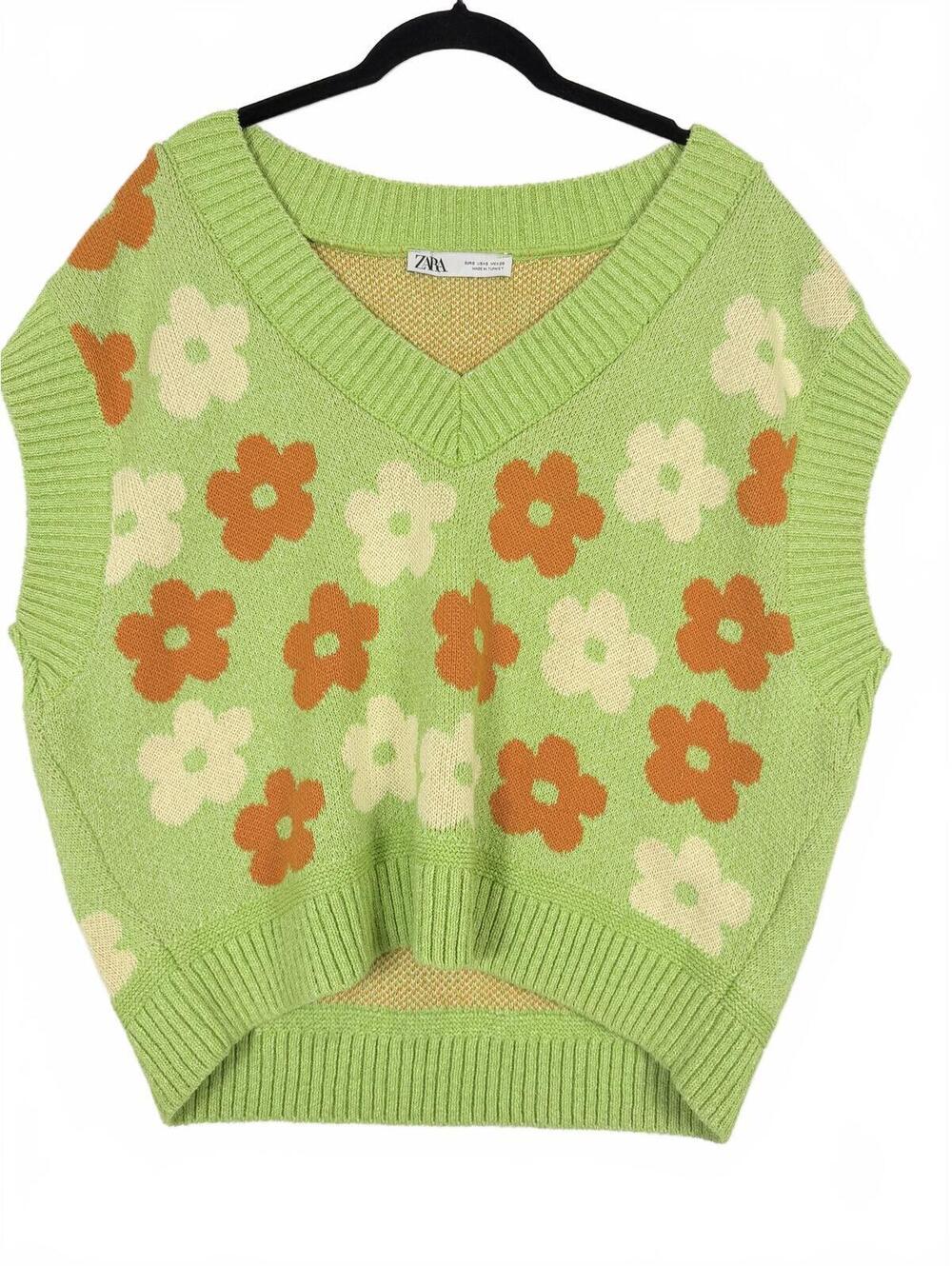 Zara‎ Floral Knit Sleeveless Sweater Lime Green Retro Daisy V Neck Small